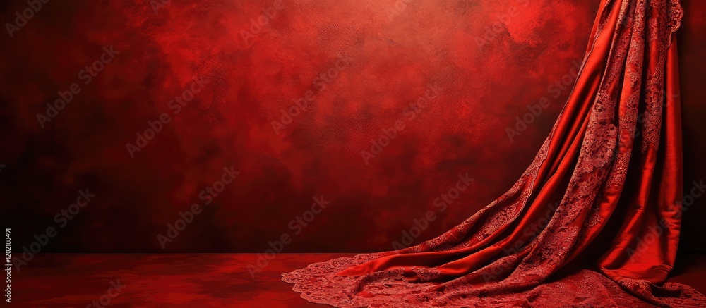 Poster red velvet curtains draped on a textured wall with rich hues and copy space for text placement