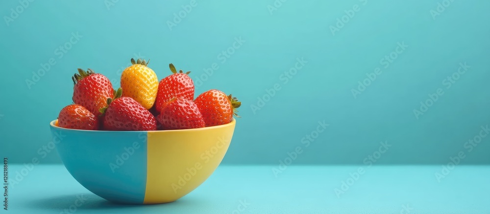 Poster Fresh strawberries and yellow berries in a two-tone bowl on a teal background with Copy Space for text placement