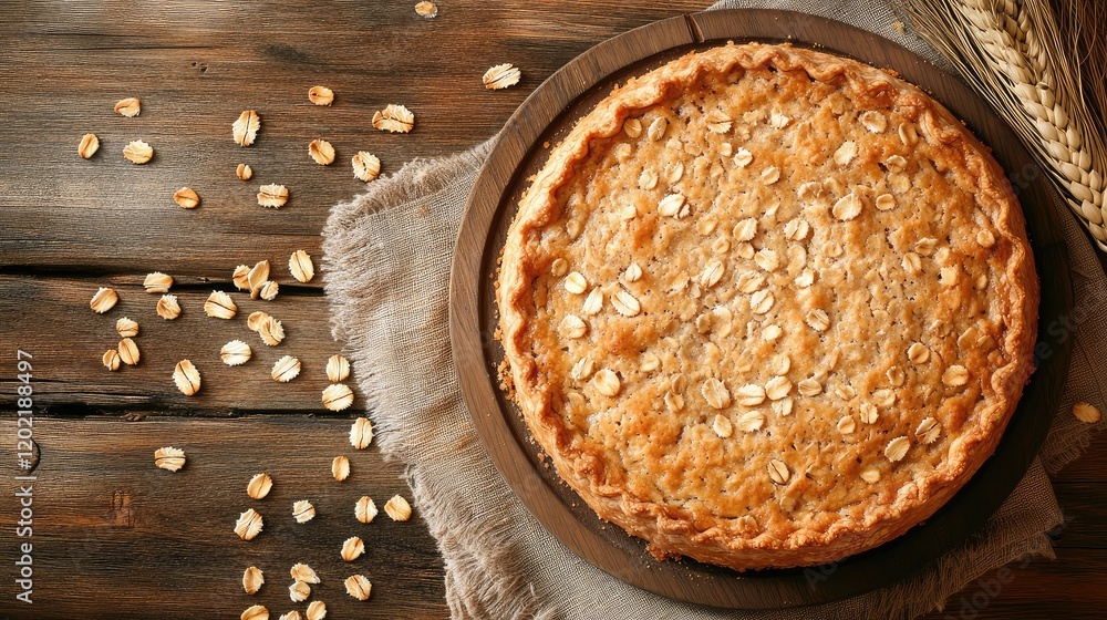 Poster oatmeal pie on wooden table with scattered oats and wheat ears copy space