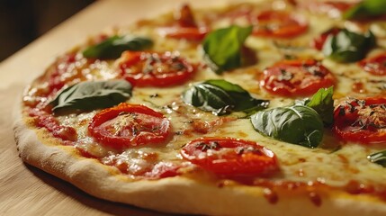Freshly baked pizza topped with mozzarella cheese, sliced tomatoes, and fresh basil on a wooden pizza board with Copy Space.