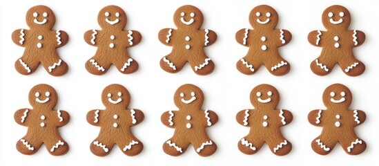 Gingerbread man cookies arranged in a row with white icing details on a plain background Copy Space
