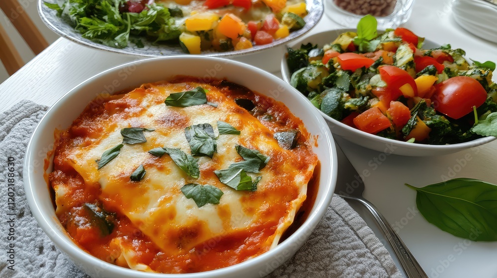 Poster italian lasagna topped with fresh basil served alongside colorful salad with tomatoes and mixed gree