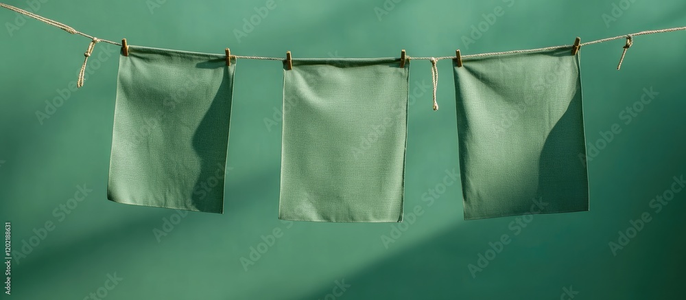 Aufkleber Three green cloths hanging on a clothesline against a solid turquoise background with soft shadows and copy space for text.