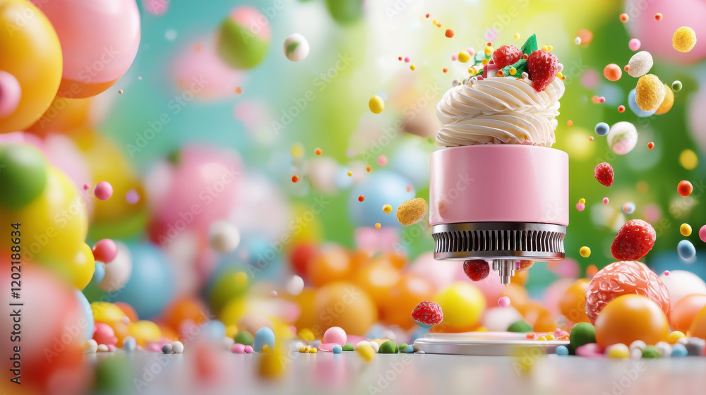 Aufkleber vibrant depiction of 3D food printer creating intricate desserts, featuring colorful candies and delightful cupcake topped with cream and fruits. scene is filled with playful elements
