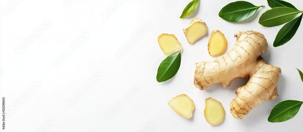 Poster Fresh ginger roots with slices and green leaves arranged on a white background with ample copy space.