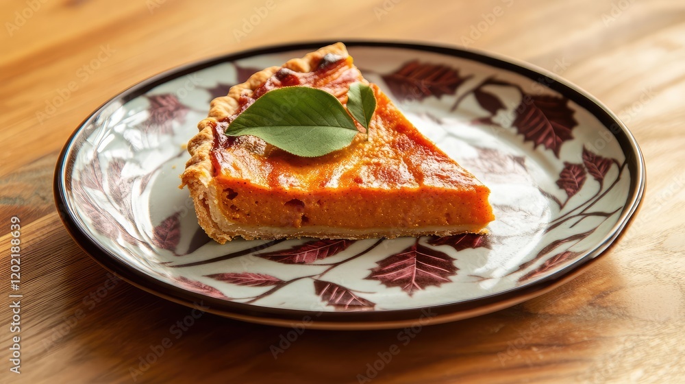 Aufkleber slice of pumpkin pie on a decorative plate with a leaf design placed on a wooden table copy space