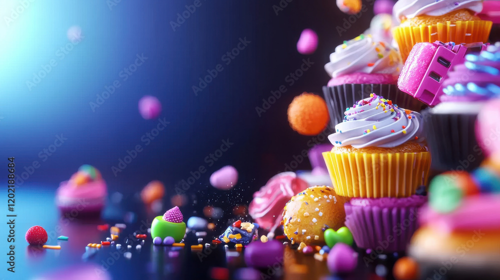 Aufkleber Delightful assortment of colorful cupcakes and candies, showcasing vibrant frosting and sprinkles, creating joyful and festive atmosphere