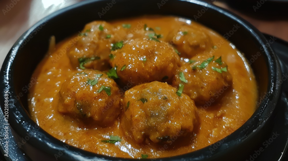 Aufkleber close-up view of traditional indian curry with multiple meatballs in a dark bowl garnished with fres