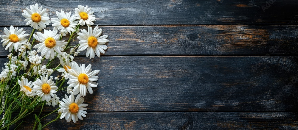 Poster fresh daisies on a dark wooden surface with copy space for text or design elements