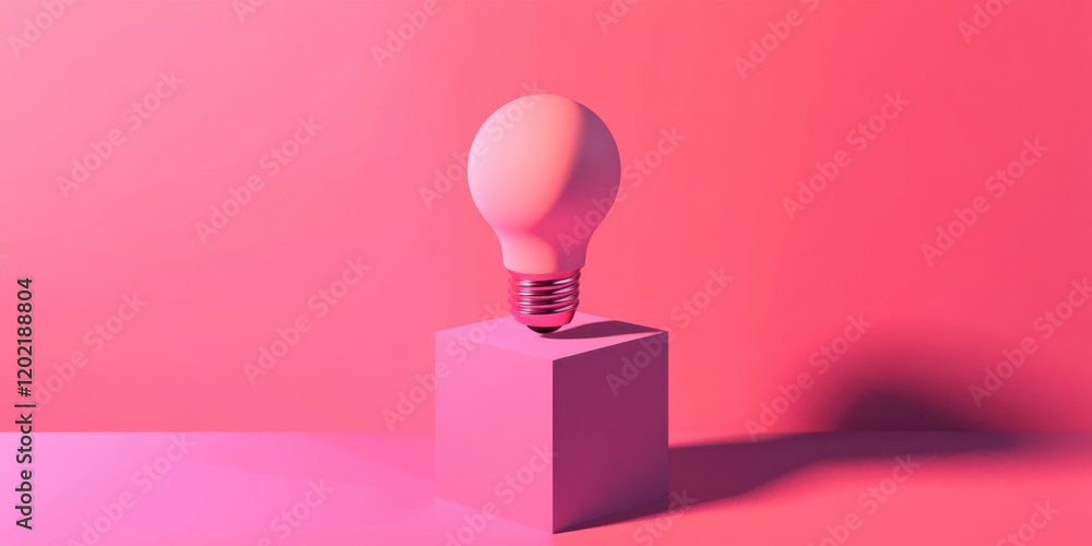 Poster a soft pink light bulb is placed on a pink cube, creating a harmonious aesthetic with smooth shadows