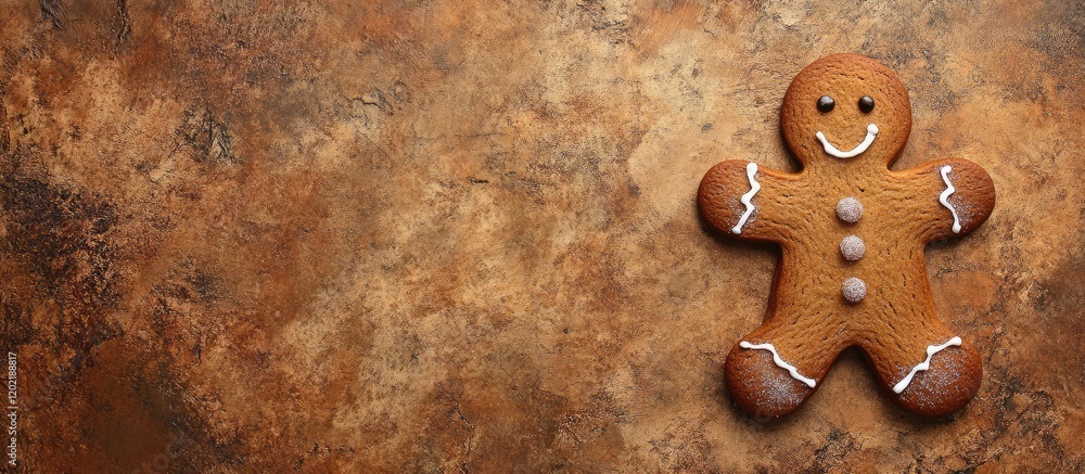 Poster gingerbread man cookie on textured brown background with copy space for text