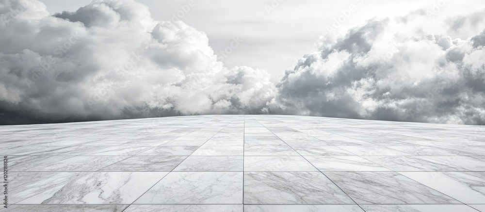 Poster Marble floor texture with cloudy sky background and ample copy space for text insertion in a minimalist design setting.