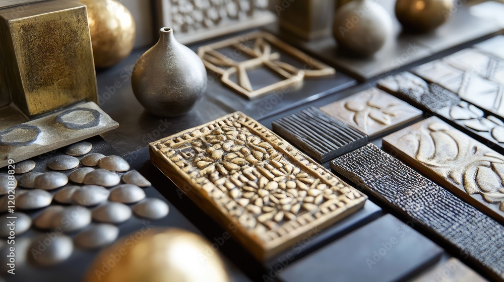 Poster textured surfaces and decorative elements in various materials arranged on a flat surface with copy 