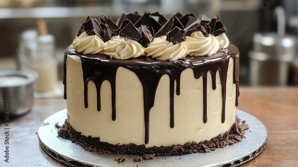 Poster chocolate cake with drizzled ganache and chocolate shards on top, placed on a silver cake board with