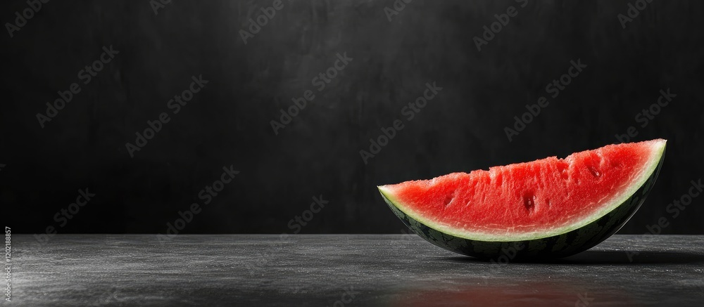 Poster watermelon slice on dark textured background with copy space for text. fresh fruit photography.