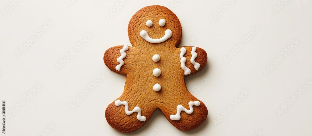 Poster Gingerbread cookie shaped like a smiling man with icing details on white background with Copy Space