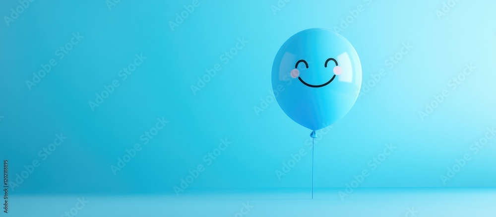 Poster Blue balloon with a happy face floating against a light blue background with Copy Space for text placement.