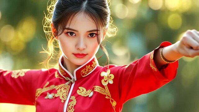 A young Chinese woman using weapons to practise wushu kung fu outside