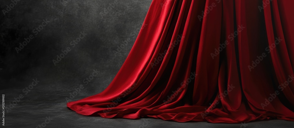Poster luxurious red satin fabric draped elegantly with copy space on a dark textured background