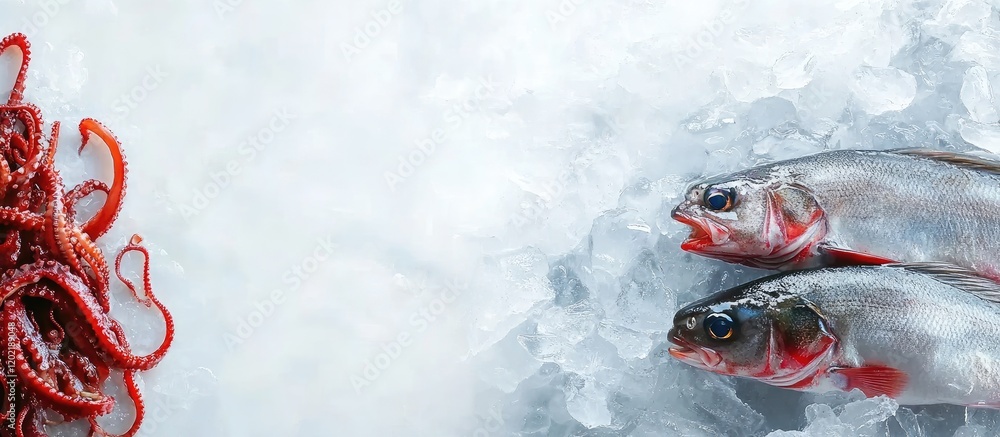 Aufkleber fresh seafood composition featuring whole raw fish and octopus on a bed of ice with copy space for t