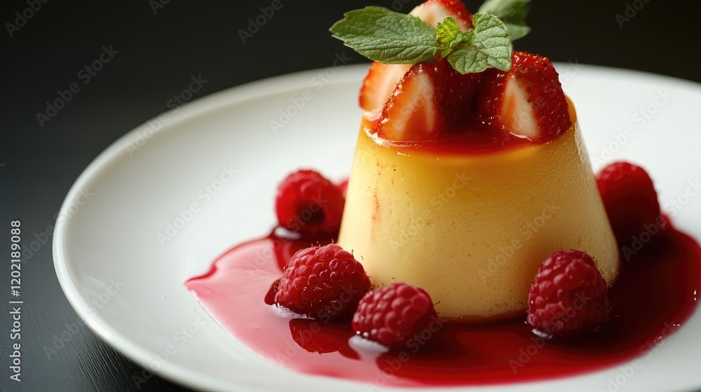 Aufkleber creamy vanilla panna cotta topped with fresh strawberries and raspberry sauce on a white plate with 