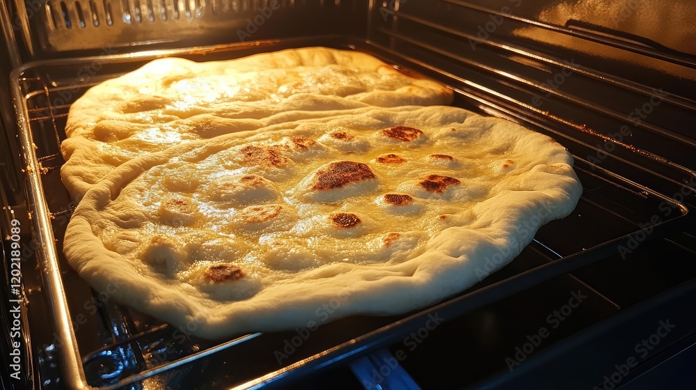 Poster baking bread dough in an oven with a golden crust and bubbling cheese on top copy space
