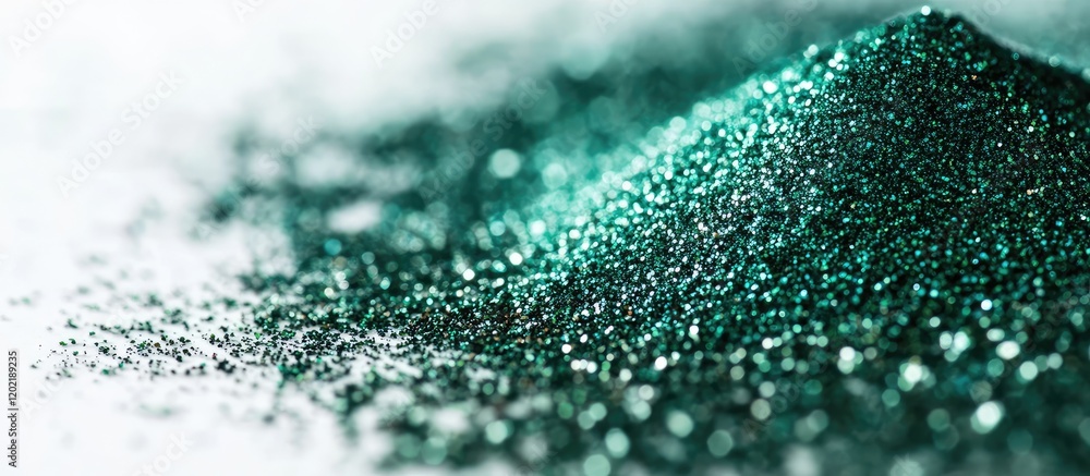 Poster green sparkling glitter on a white background with a textured surface and soft focus copy space
