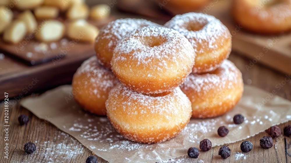 Aufkleber Freshly baked donuts dusted with powdered sugar arranged in a stack on parchment paper with nuts and berries in the background Copy Space