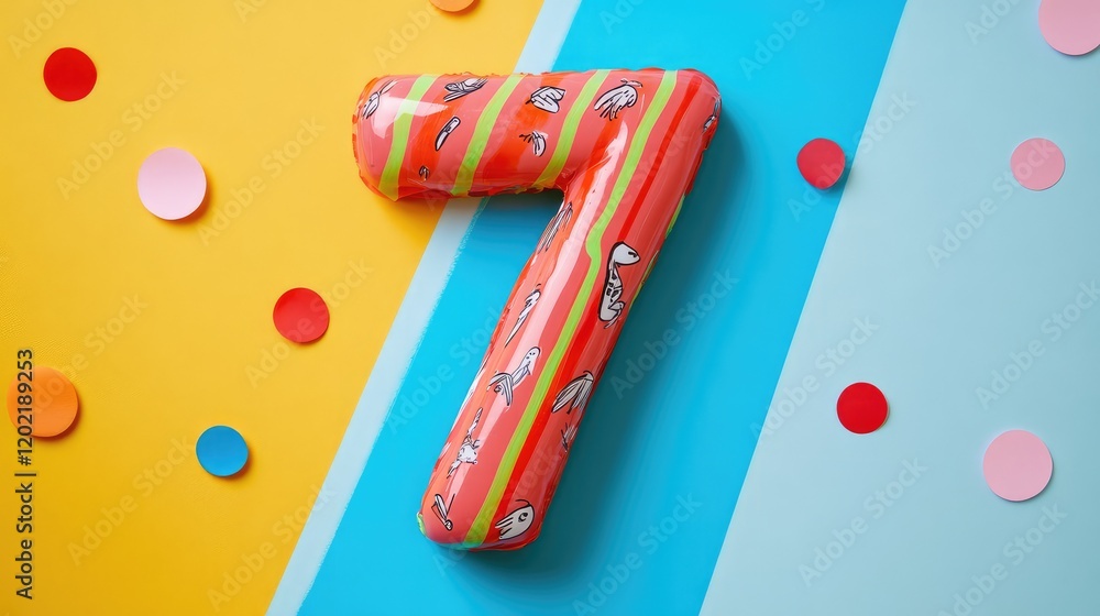 Poster Colorful inflated number seven surrounded by vibrant paper confetti on a split background of yellow and blue with ample copy space.