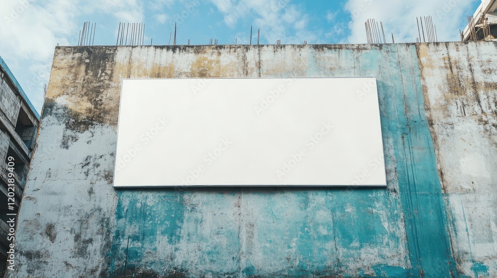 Poster blank billboard on a weathered blue wall with rusty rebar against a cloudy sky providing ample copy 