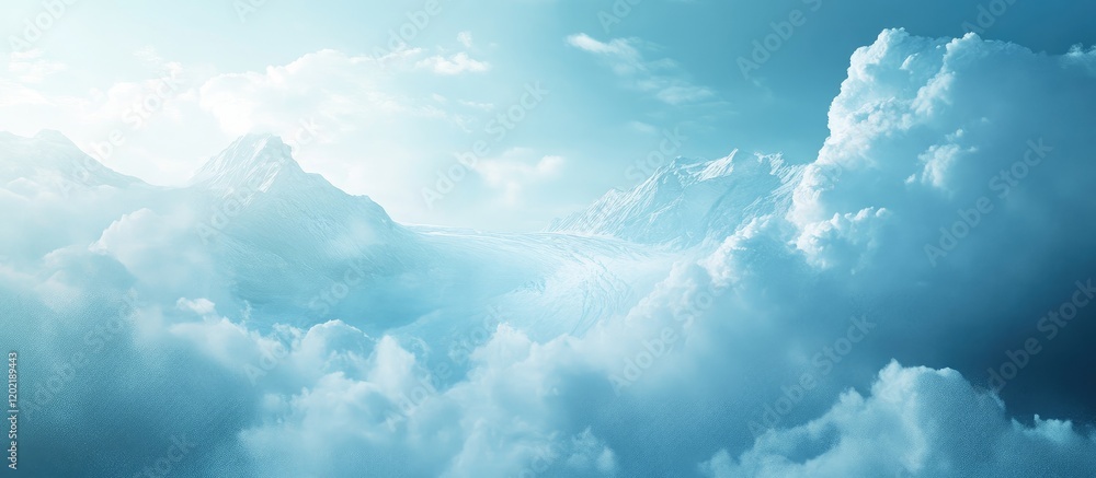 Poster Blue sky with clouds and mountains in the background featuring soft light and Copy Space for text placement