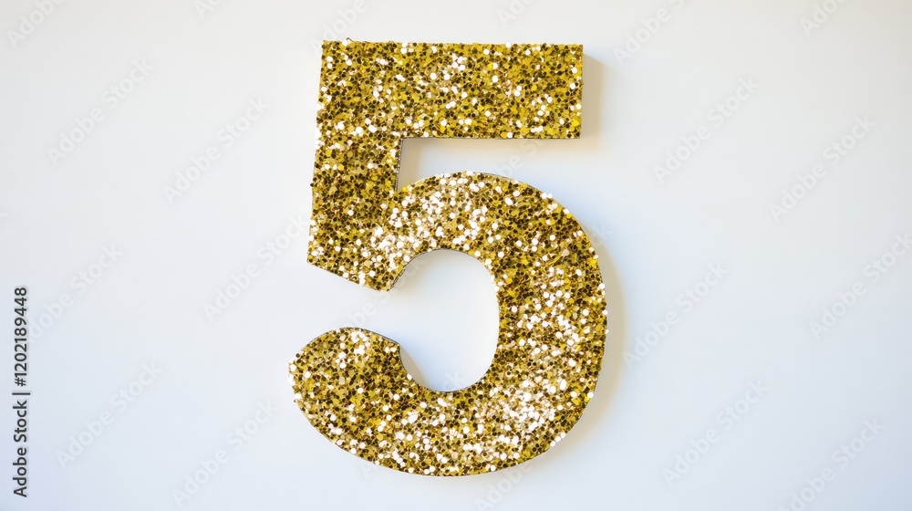 Aufkleber glittering gold number five on a white background with ample copy space for text insertion.