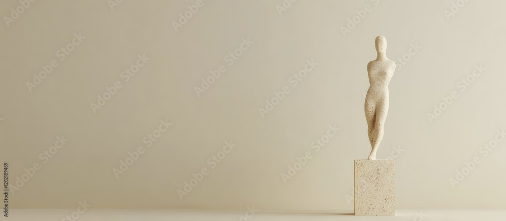 Poster minimalist sculpture of a human figure on a pedestal against a plain background with ample copy spac