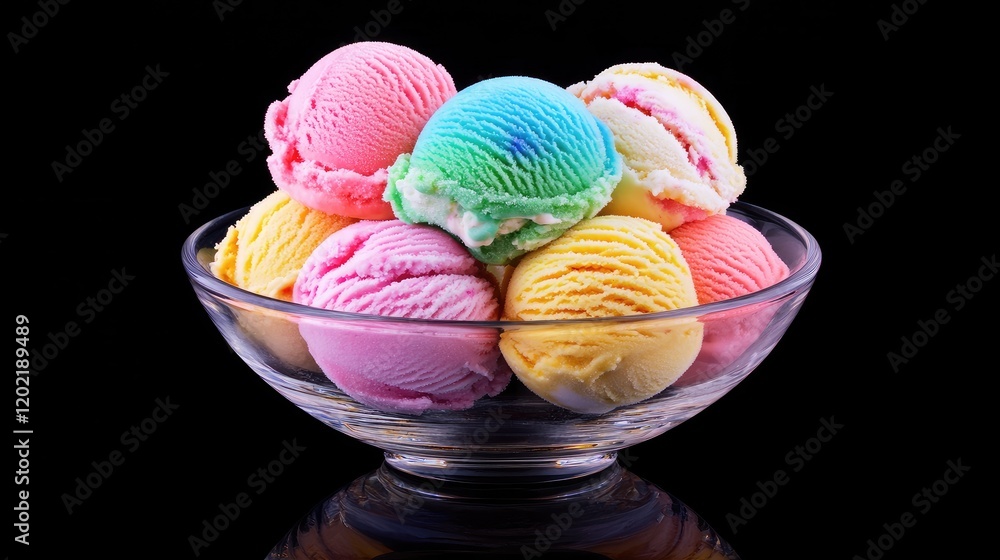 Poster colorful ice cream scoops in a glass bowl on a black background with copy space for text placement