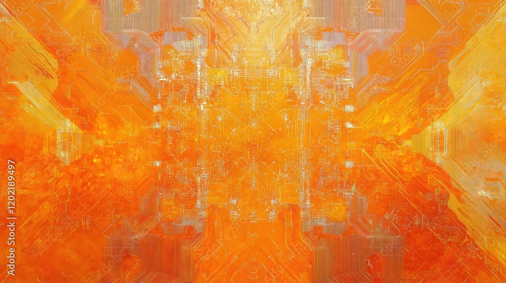 Poster abstract orange digital circuit design with intricate patterns and textures suitable for backgrounds