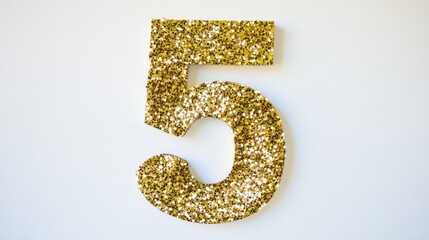 Glittering gold number five on a white background with ample copy space for text insertion.