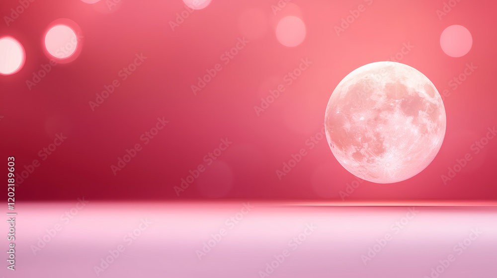 Poster serene pink background features large, luminous moon, creating romantic atmosphere. soft bokeh light