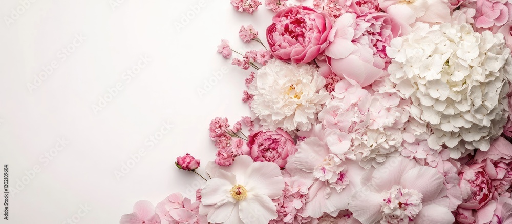 Poster floral arrangement of pink and white flowers on a light background with ample copy space for text in