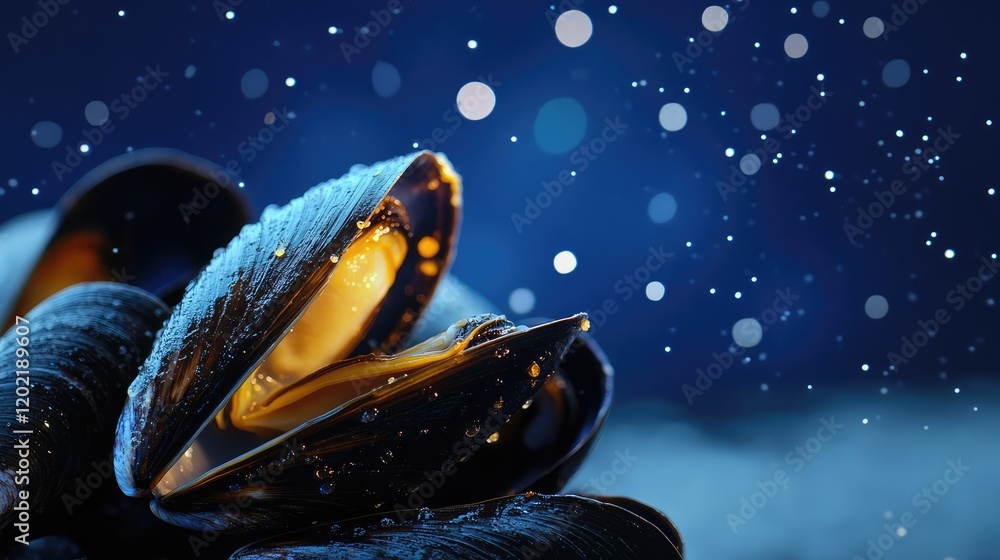 Poster close-up of an open mussel shell with golden interior against a blurred blue background with soft bo
