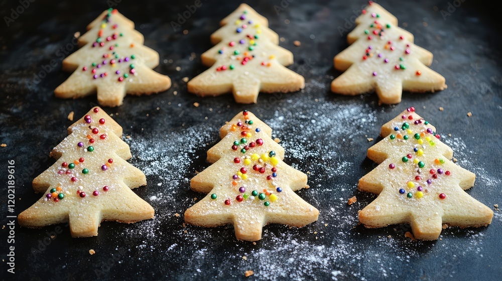 Poster decorative christmas tree shaped cookies with colorful sprinkles on a dark surface with flour dust a