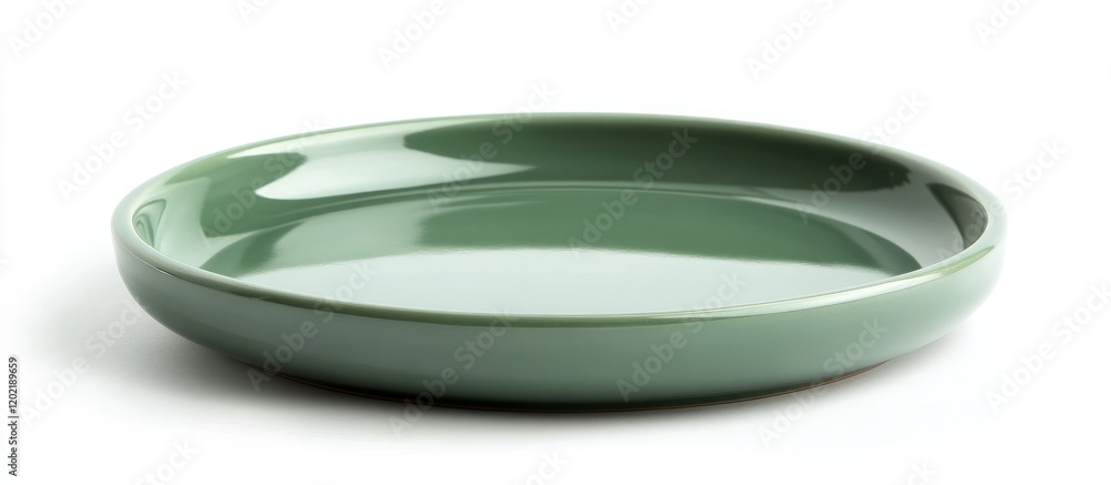 Poster green ceramic plate with a glossy finish on a white background featuring ample copy space for text p