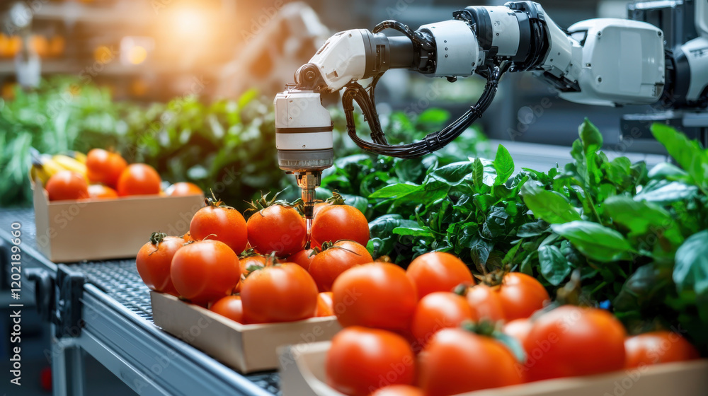 Fototapete Automated food sorting with robotic arms handling fresh tomatoes and greens. This vibrant scene showcases technology in agriculture, enhancing efficiency and productivity