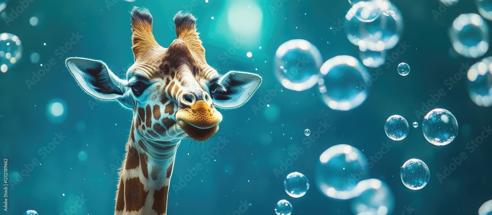 Poster Giraffe with bubbles underwater in a vibrant blue background with Copy Space for text placement