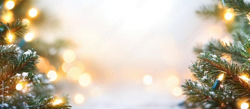 Poster christmas tree branches with soft glowing lights and blurred background with copy space for holiday 