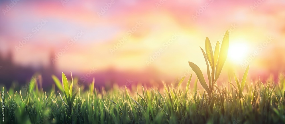 Aufkleber Sunrise over a field with fresh green grass and soft bokeh background lighting Copy Space