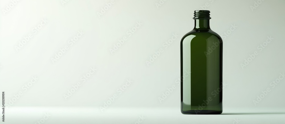 Poster green glass bottle on a neutral background with copy space available for text placement.