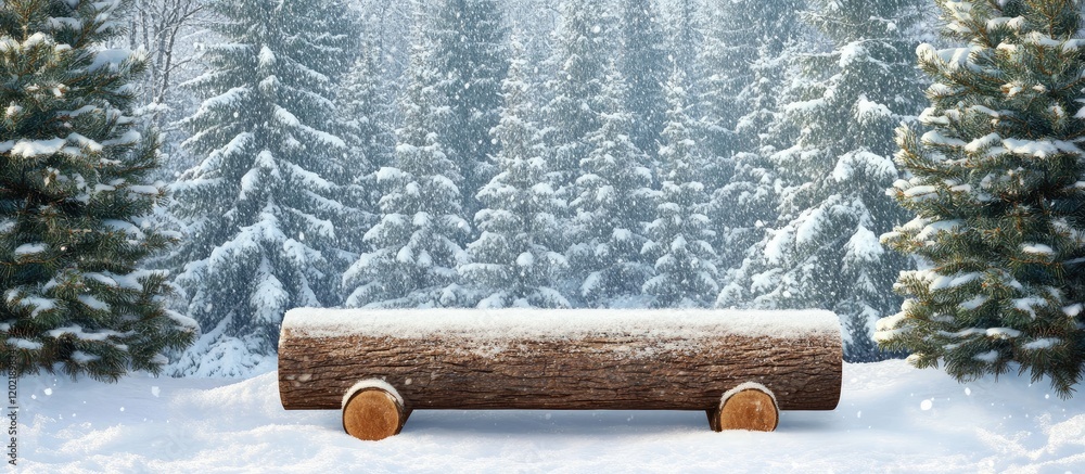 Poster Snow-covered log in a winter forest surrounded by evergreen trees with Copy Space for text placement