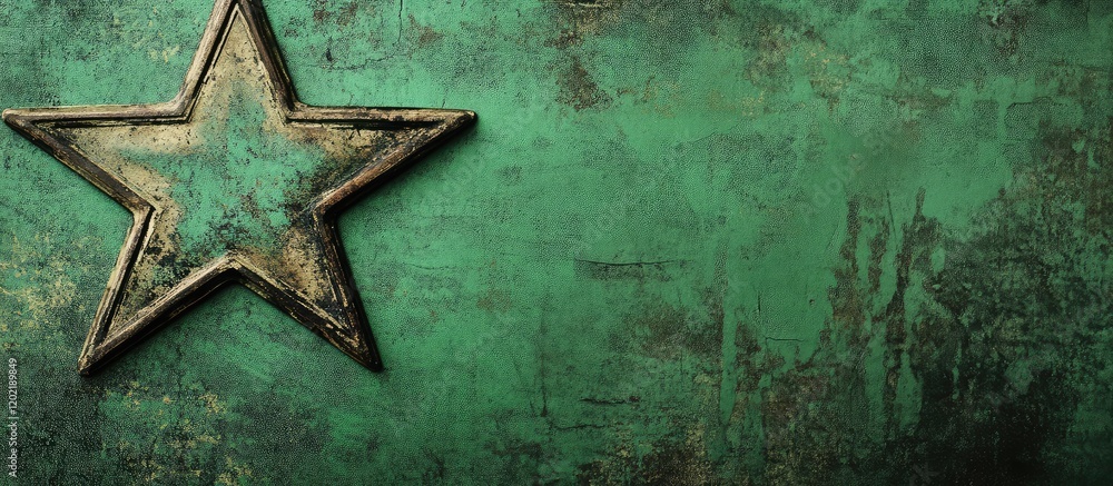 Poster textured green background with a worn metallic star in the foreground featuring ample copy space for