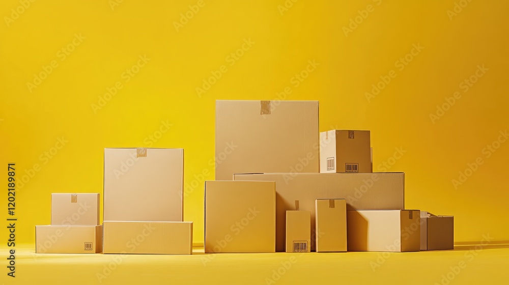 Poster Cardboard boxes of various sizes arranged on a bright yellow background with Copy Space for text placement