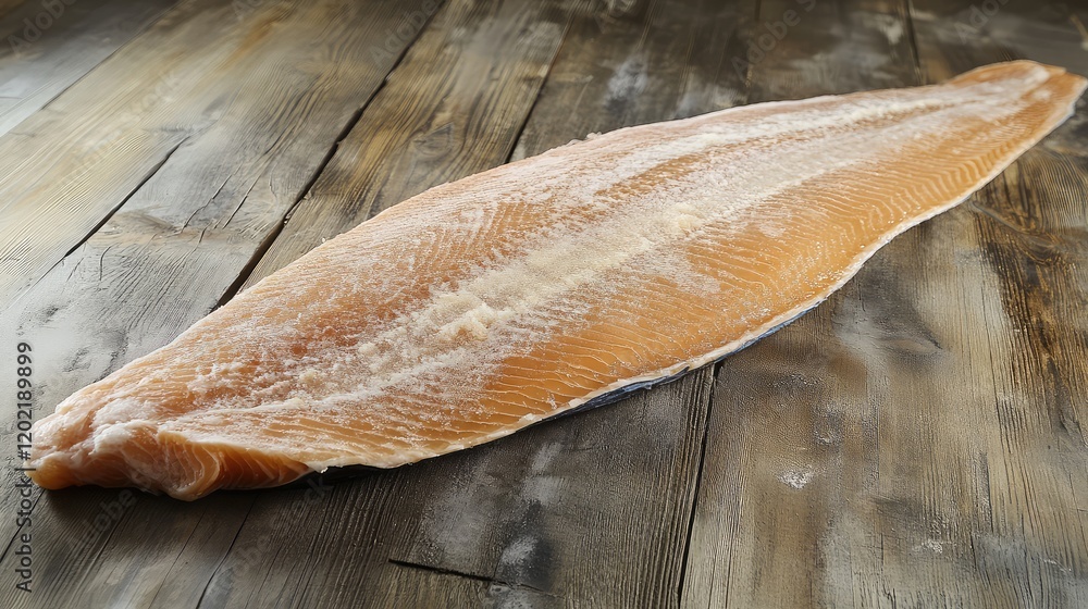 Poster Freshly caught raw flounder fillet on rustic wooden table with Copy Space for text placement